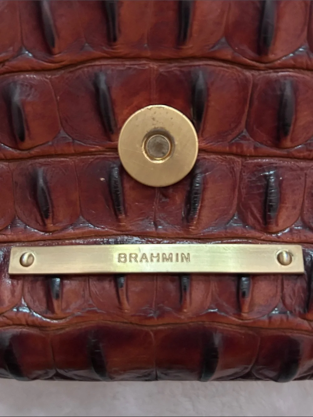Brahmin Brown Croc-Embossed Leather Foldover Wristlet Clutch with Gold Hardware